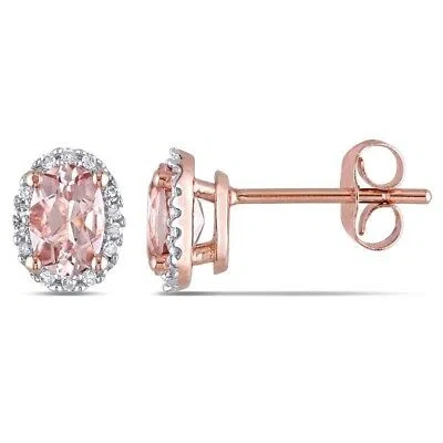Pre-owned Amour Oval-cut Morganite And 1/10 Ct Tw Diamond Halo Earrings In 10k Rose Gold In Check Description
