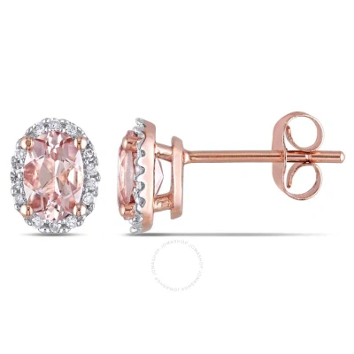 Amour Oval-cut Morganite And 1/10 Ct Tw Diamond Halo Earrings In 10k Rose Gold In Gold / Rose / Rose Gold / White