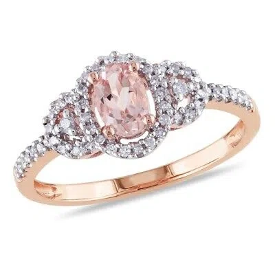 Pre-owned Amour Oval-cut Morganite Halo Ring With 1/6 Ct Tw Diamonds In 10k Rose Gold In Check Description