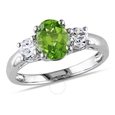 Amour Oval Cut Peridot And Created White Sapphire 3-stone Ring In Sterling Silver