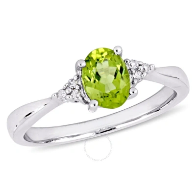 Amour Oval Cut Peridot And Diamond Ring In Sterling Silver In Metallic