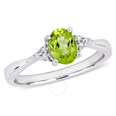Amour Oval Cut Peridot And Diamond Ring In Sterling Silver In White