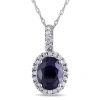Amour Oval Diffused Sapphire And 1/4 Ct Tw Diamond Halo Pendant With Chain In 14k White Gold In White
