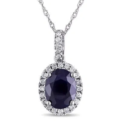 Pre-owned Amour Oval Diffused Sapphire And 1/4 Ct Tw Diamond Halo Pendant With Chain In In White