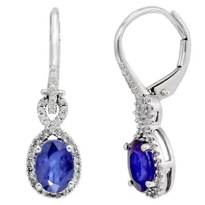 Pre-owned Amour Oval Diffused Sapphire And 1/4 Ct Tw Diamond Leverback Earrings In 10k In White