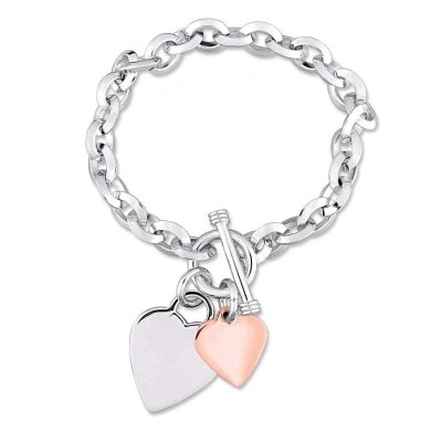 Amour Oval Link Bracelet With Double Heart Charm And Toggle Clasp In 2-tone Rose And White Sterling  In Ink / Rhodium / Rose / Silver / White