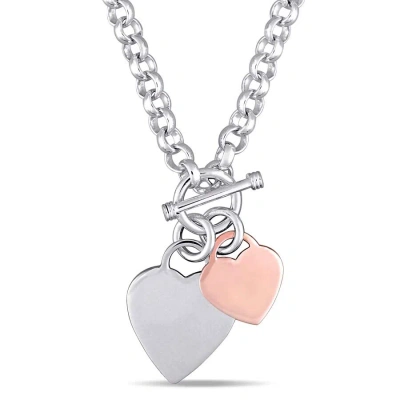 Amour Oval Link Necklace With Double Heart Charm And Toggle Clasp In 2-tone Rose And White Sterling  In Two Tone  / Rhodium / Rose / Silver / White