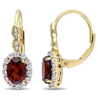 Pre-owned Amour Oval Shape Garnet, White Topaz, And Diamond Accent Vintage Leverback In Yellow