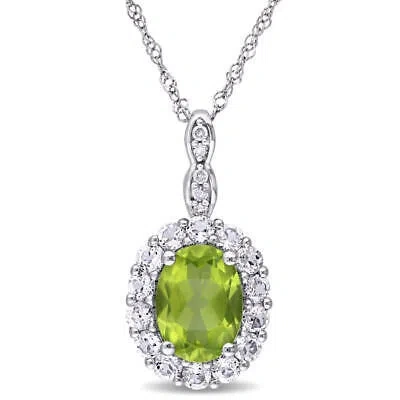 Pre-owned Amour Oval Shape Peridot, White Topaz And Diamond Accent Vintage Pendant With