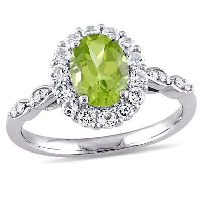 Pre-owned Amour Oval Shape Peridot, White Topaz And Diamond Accent Vintage Ring In 14k