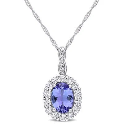 Pre-owned Amour Oval Shape Tanzanite, White Topaz, And Diamond Accent Vintage Halo Pendant