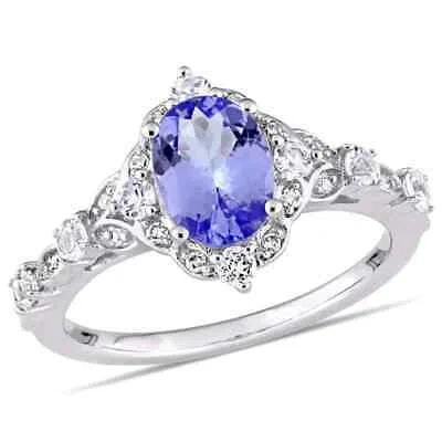 Pre-owned Amour Oval Tanzanite, White Sapphire And Diamond Accent Halo Vintage Ring In 14k