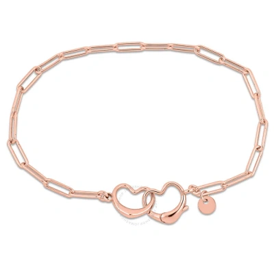 Amour Paper Clip Link Bracelet In Pink Plated Sterling Silver With Double Heart Clasp In Gold