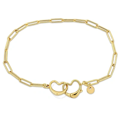 Amour Paper Clip Link Bracelet In Yellow Plated Sterling Silver With Double Heart Clasp In Gold