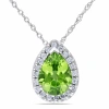 Amour Pear Shaped Peridot And 1/5 Ct Tw Diamond Halo Pendant With Chain In 14k White Gold In White