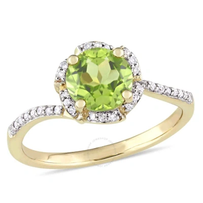 Amour Peridot And 1/10 Ct Tw Diamond Halo Ring In 14k Yellow Gold In Green