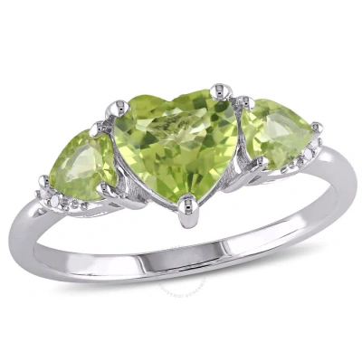 Amour Peridot And Diamond Accent Triple Heart Ring In Sterling Silver In White