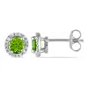 Amour Peridot And Diamond Halo Stud Earrings In Sterling Silver In White