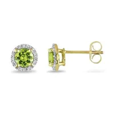 Pre-owned Amour Peridot Halo Earrings With Diamonds In 10k Yellow Gold In Check Description