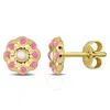 Amour Pink And White Enamel Flower Stud Earrings In 14k Yellow Gold In Yellow
