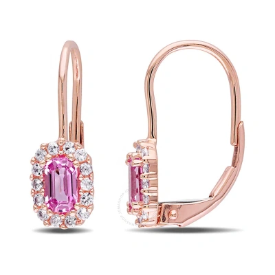 Amour Pink And White Sapphire Halo Leverback Earrings In 10k Rose Gold