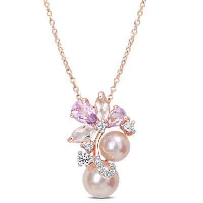 Amour Pink Cultured Freshwater Pearl & 2 1/3 Ct Tgw Rose De France And Topaz Pendant With Chain In 1 In Yellow