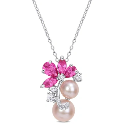 Amour Pink Cultured Freshwater Pearl & 3 1/8 Ct Tgw Created Pink And White Sapphire Pendant With Cha