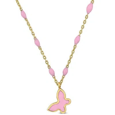 Pre-owned Amour Pink Enamel Butterfly Necklace In 14k Yellow Gold