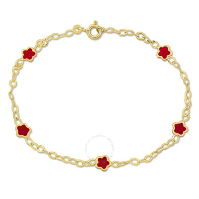 Amour Pink Enamel Flower Charm Station Bracelet In 14k Yellow Gold - 7 In.