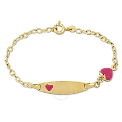 Amour Pink Enamel Heart Charm Link Chain Id Bracelet In 14k Yellow Gold - 6.5+0.5 In.