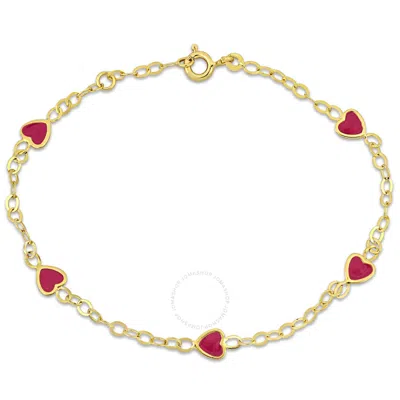 Amour Pink Enamel Heart Charm Link Chain Station Bracelet In 14k Yellow Gold - 7 In.
