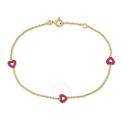 Amour Pink Enamel Heart Charm Rolo Link Chain Station Bracelet In 14k Yellow Gold - 6.5+0.5 In.