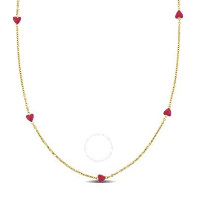 Amour Pink Enamel Heart Station Necklace In 14k Yellow Gold - 15 In