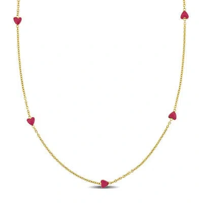Pre-owned Amour Kids'  Pink Enamel Heart Station Necklace In 14k Yellow Gold - 15 In