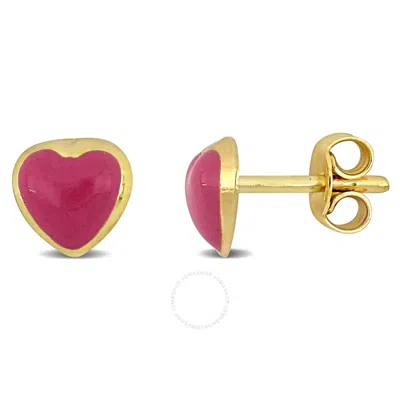 Amour Pink Enamel Heart Stud Earrings In 14k Yellow Gold