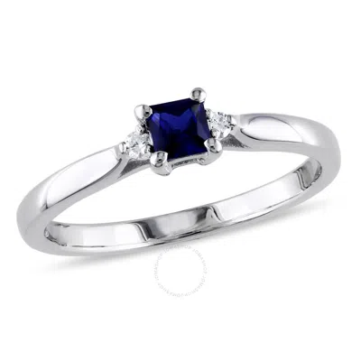 Amour Princess Cut Created Blue Sapphire And Diamond Accent Ring In Sterling Silver In Green