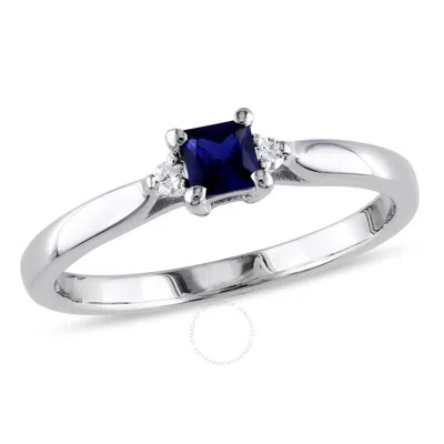 Amour Princess Cut Created Blue Sapphire And Diamond Accent Ring In Sterling Silver In White