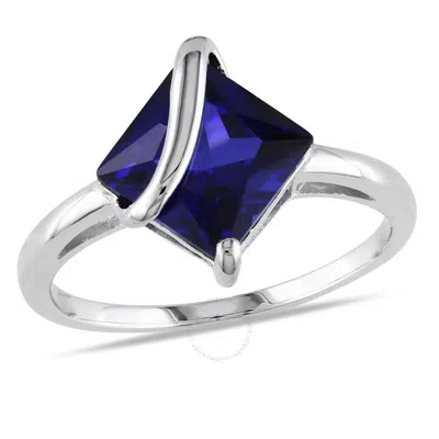 Amour Princess Cut Created Blue Sapphire Ring In Sterling Silver In White