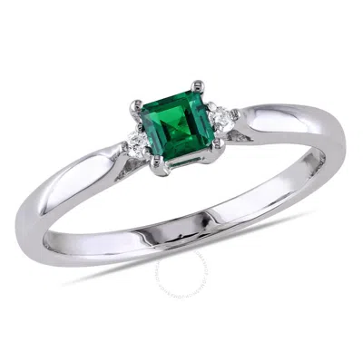 Amour Princess Cut Created Emerald And Diamond Accent Ring In Sterling Silver In Metallic
