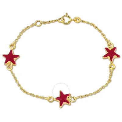 Amour Puff Pink Enamel Star Charm Rolo Chain Link Station Bracelet In 14k Yellow Gold - 5+0.5 In.