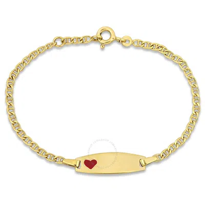 Amour Red Enamel Heart Charm Marine Link Chain Id Bracelet In 14k Yellow Gold - 5+0.5 In.