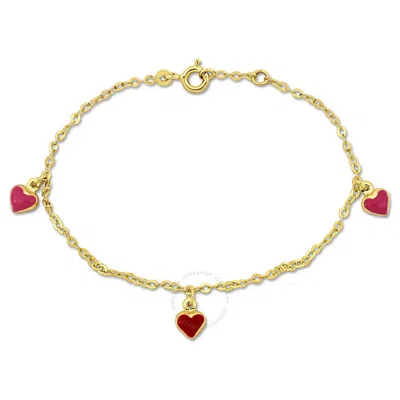 Amour Red Enamel Heart Charm On Rolo Link Chain Station Bracelet In 14k Yellow Gold - 6.5+0.5 In.