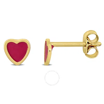 Amour Red Enamel Heart Stud Earrings In 14k Yellow Gold