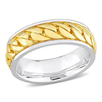 Amour Ribbed Design Men's Ring In Sterling Silver With Yellow Gold Plating In Brown