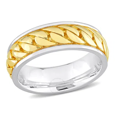 Amour Ribbed Design Men's Ring In Sterling Silver With Yellow Gold Plating In Two Tone