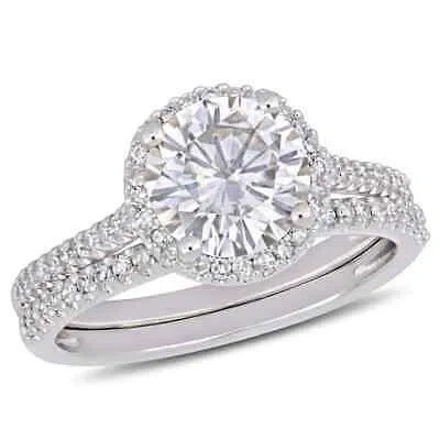 Pre-owned Amour Round-cut Created Moissanite And 1/3 Ct Tw Diamond Bridal Set In 14k White In Check Description