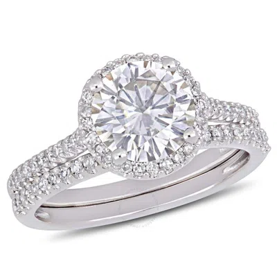 Amour Round-cut Created Moissanite And 1/3 Ct Tw Diamond Bridal Set In 14k White Gold In Metallic