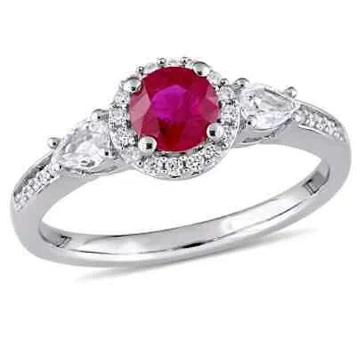 Pre-owned Amour Round Ruby And Pear Shape White Sapphire 3-stone Ring With 1/8 Ct Tw