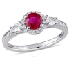 AMOUR AMOUR ROUND RUBY AND PEAR SHAPE WHITE SAPPHIRE 3-STONE RING WITH 1/8 CT TW DIAMOND HALO AND ACCENT I