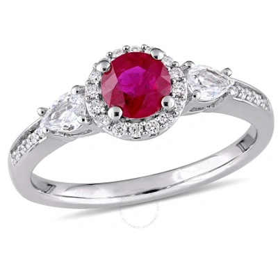 Amour Round Ruby And Pear Shape White Sapphire 3-stone Ring With 1/8 Ct Tw Diamond Halo And Accent I In Metallic